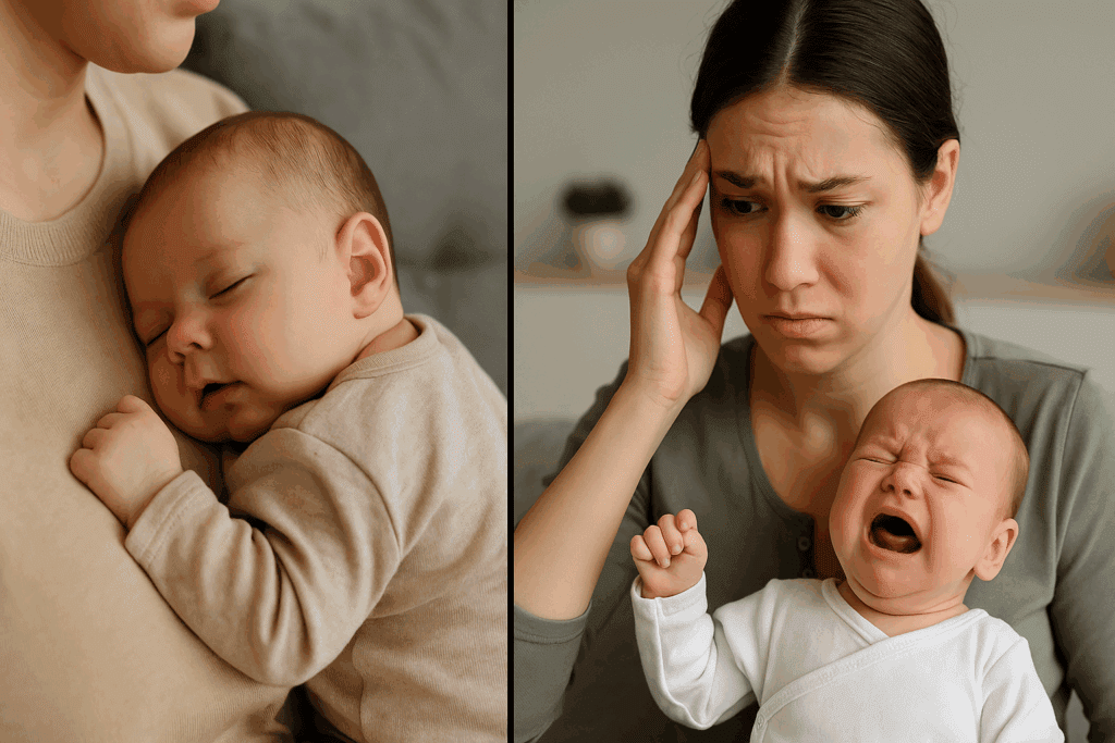 Split image showing calm newborn cluster feeding at night on left and distressed baby with worried caregiver on right.