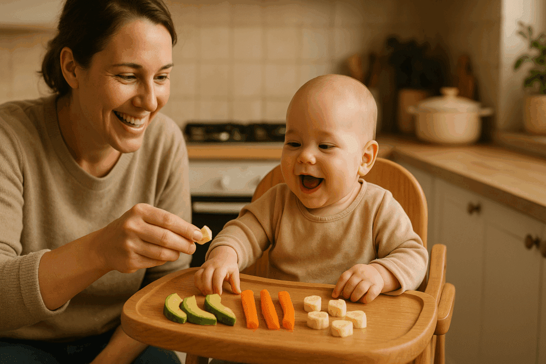 Smiling parent helping baby self-feed soft finger foods like avocado, banana, and carrot in a cozy kitchen, ideal for led weaning recipes