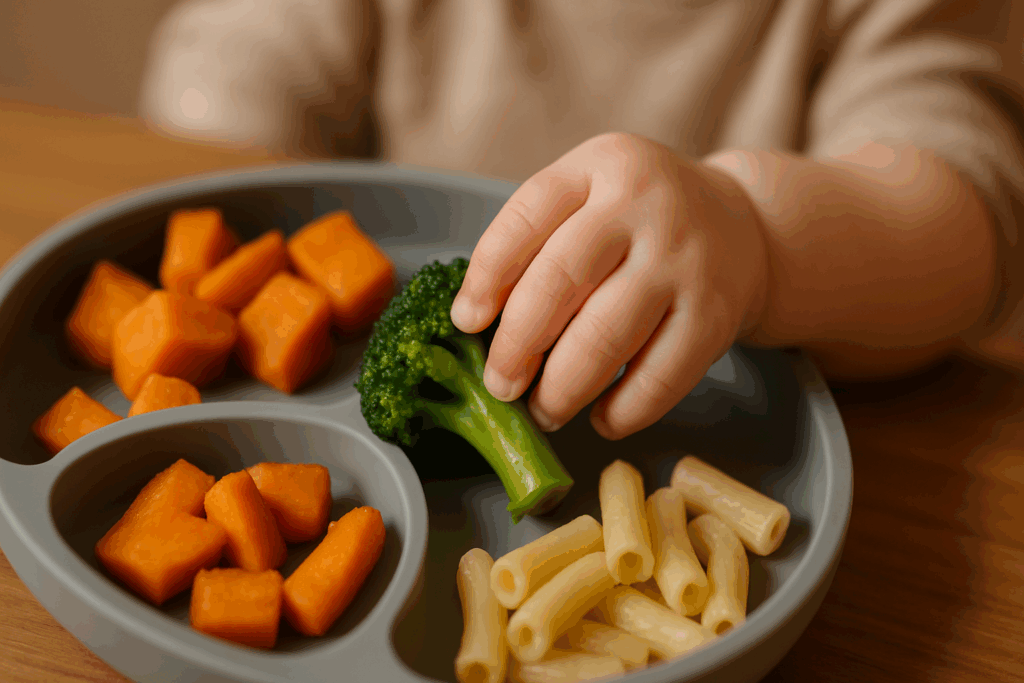 Baby hand grabbing steamed broccoli from a silicone plate with soft sweet potatoes and pasta, illustrating led weaning recipes.