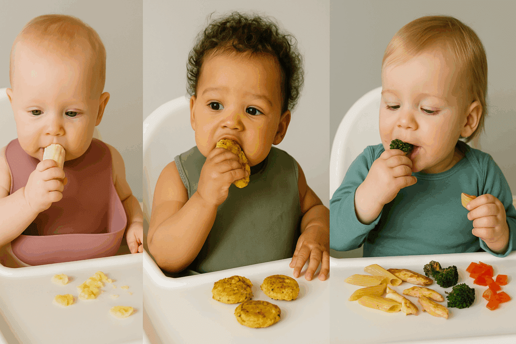 Babies at 6, 8, and 12 months self-feeding mashed banana, veggie fritters, and finger foods in high chairs, showing led weaning recipes by age.