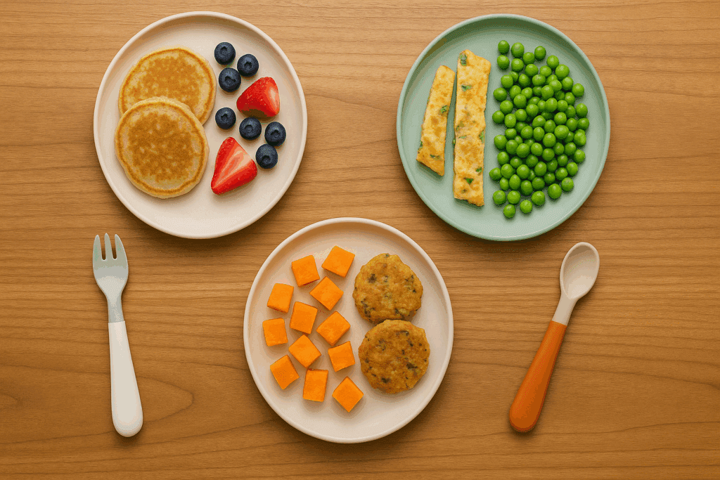 Top-down view of three toddler plates featuring led weaning recipes: banana pancakes with berries, veggie omelet strips with peas, and sweet potato bites with lentil patties.