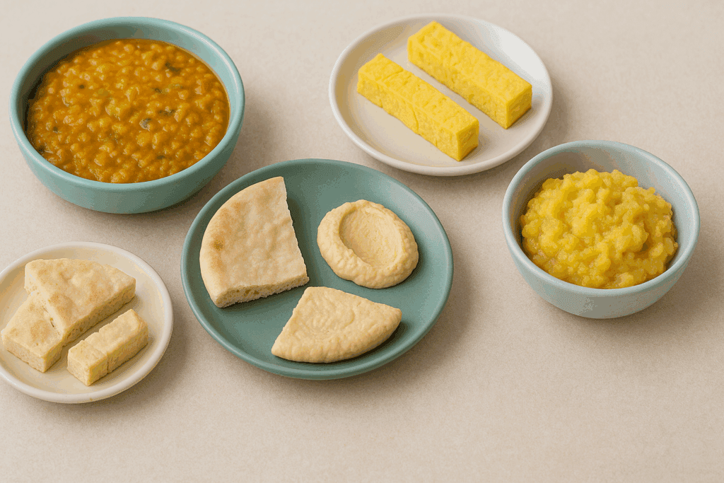 Colorful spread of international led weaning recipes including lentil dal, hummus with pita, tamago egg, mashed plantains, and tofu bites on baby-safe plates.