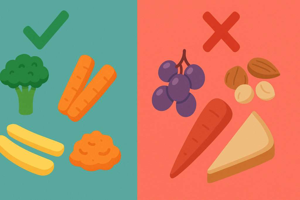 Infographic showing safe vs. unsafe foods for babies, with soft steamed veggies and mashed fruit on one side and choking hazards like nuts and grapes on the other, illustrating led weaning recipes guidance.