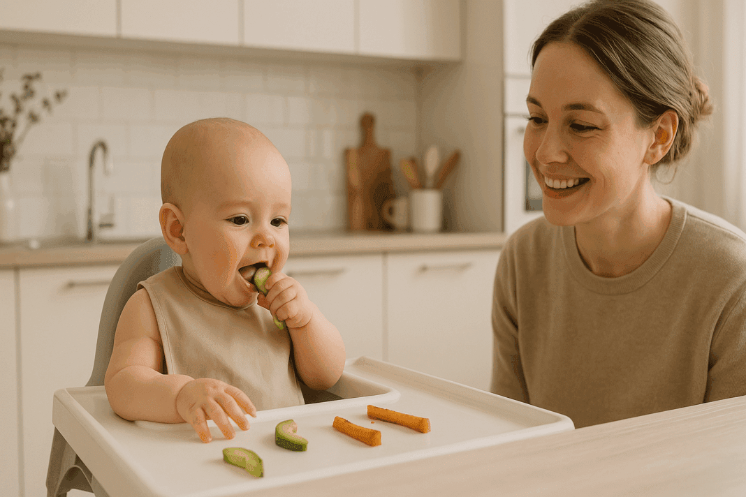 Smiling parent watching a six-month-old baby self-feed avocado and sweet potato in a high chair, showing the benefits of baby led weaning.