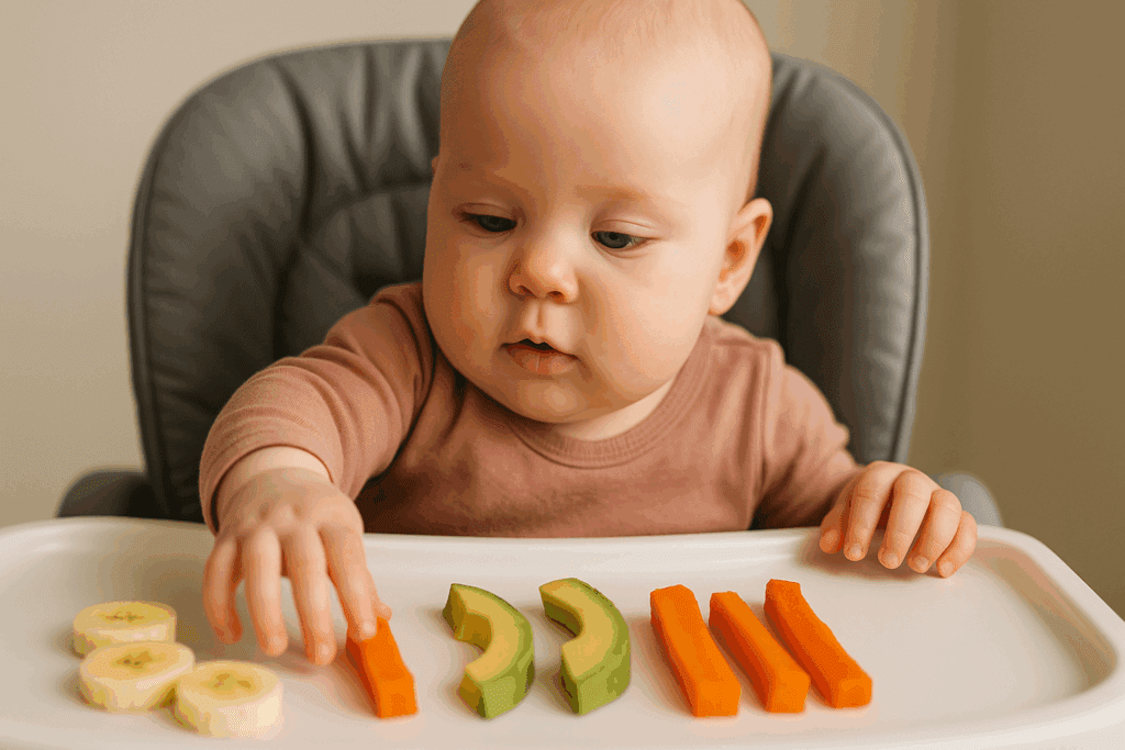 Baby reaching for banana slices and avocado during a mealtime session showing the benefits of baby led weaning.