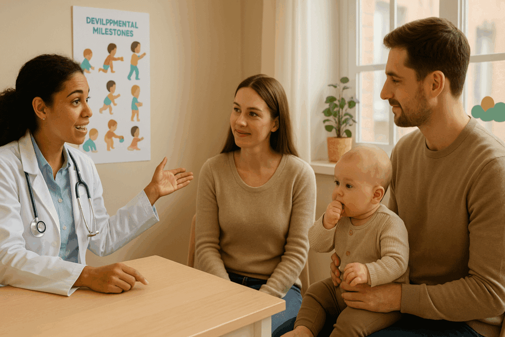 Pediatrician discussing developmental milestones with new parents as their baby shows readiness cues, highlighting the benefits of baby led weaning.