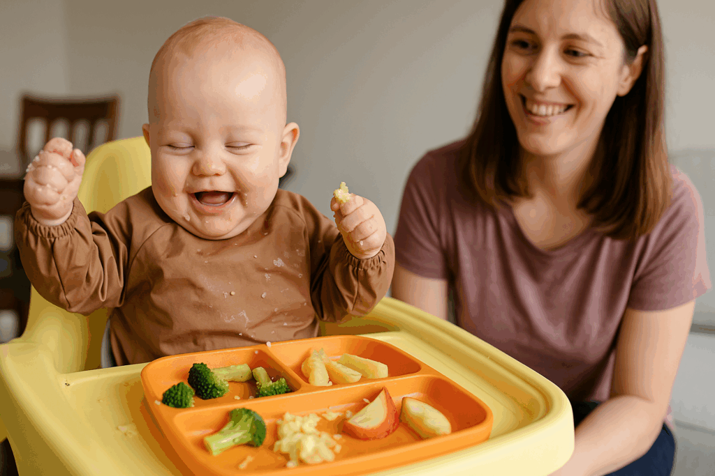 Six-month-old baby smiling and exploring soft broccoli, apple slices, and banana during a meal, showing the benefits of baby led weaning.