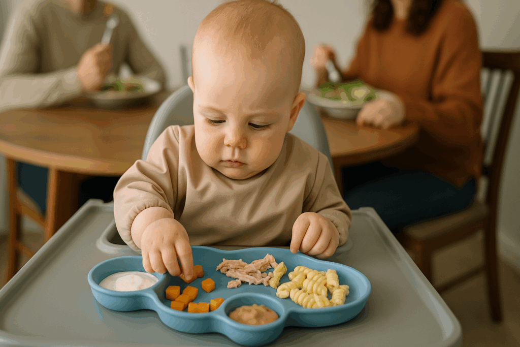Eight-month-old baby using pincer grasp to self-feed soft pasta and fruit, illustrating the benefits of baby led weaning at a family mealtime.