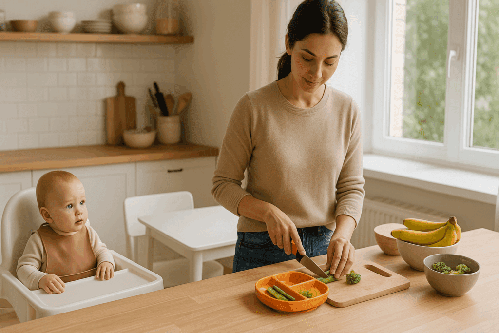 Mother preparing baby-led weaning meal in a sunlit kitchen, illustrating the benefits of baby led weaning through a calm daily routine.