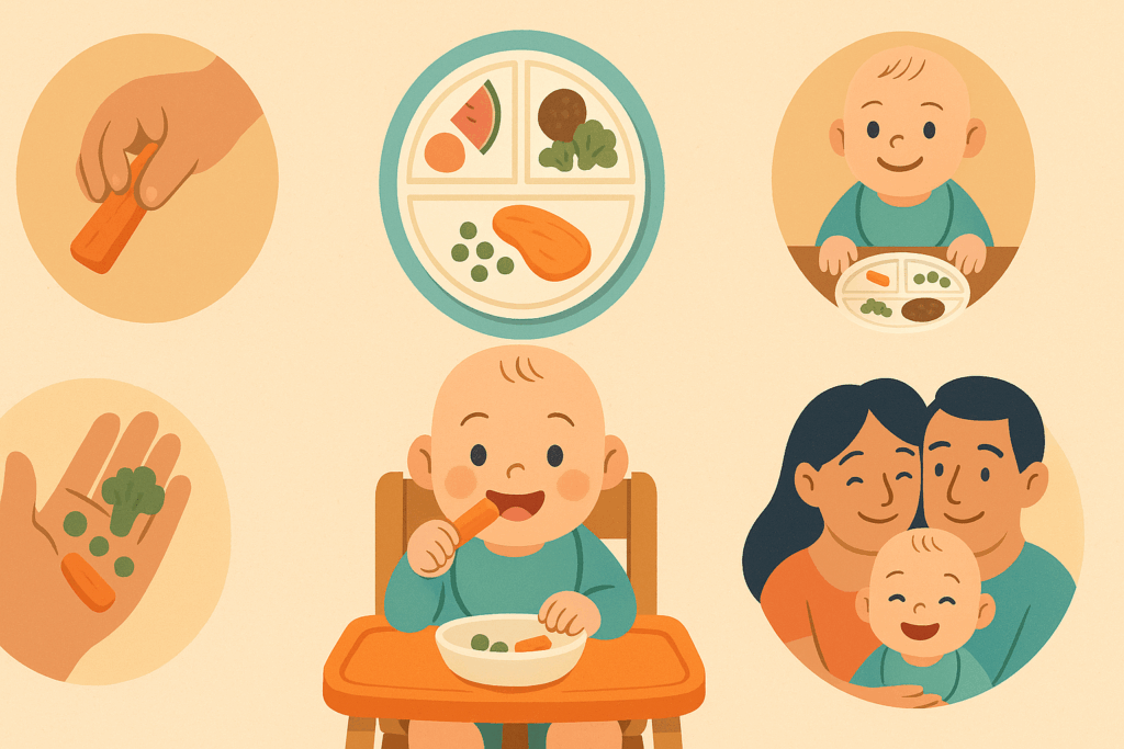 Infographic illustrating the benefits of baby led weaning with a happy baby eating finger foods surrounded by icons for motor skills, sensory play, appetite regulation, family bonding, nutrient intake, and emotional growth