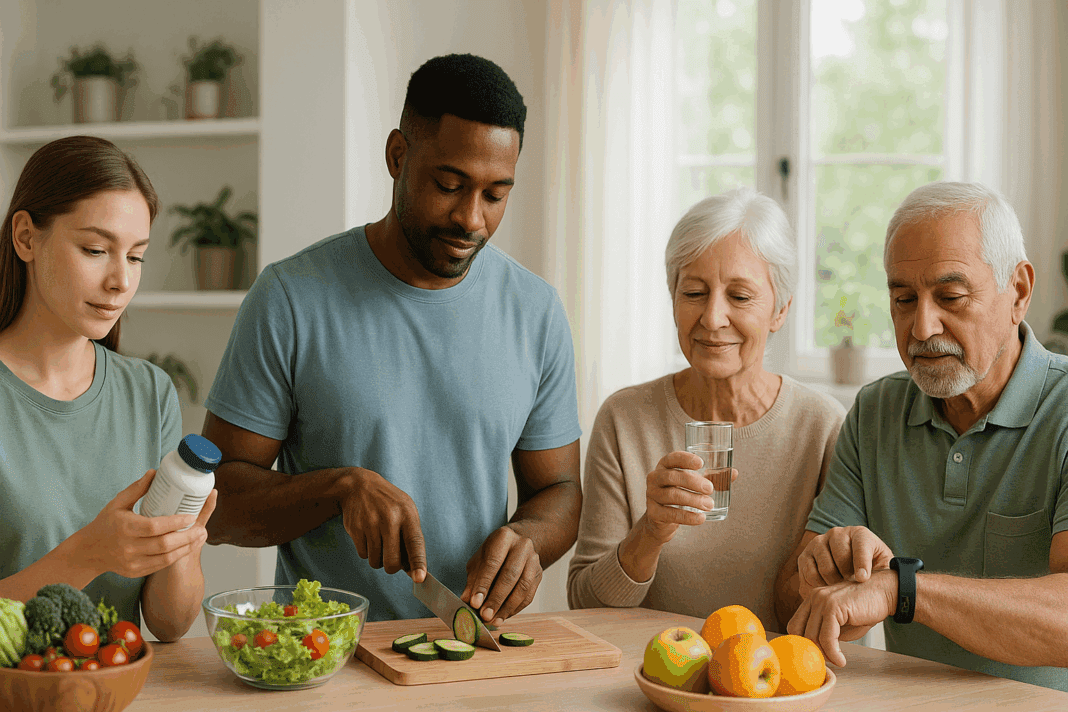 Diverse adults reviewing health supplements, preparing fresh meals, and checking fitness trackers in a bright kitchen—ideal for boost up supplement reviews.