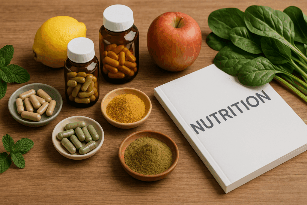 Flat-lay of herbal capsules, smart pill bottles, and superfood powders on a wooden table with fresh produce, illustrating wellness trends for boost up supplement reviews.