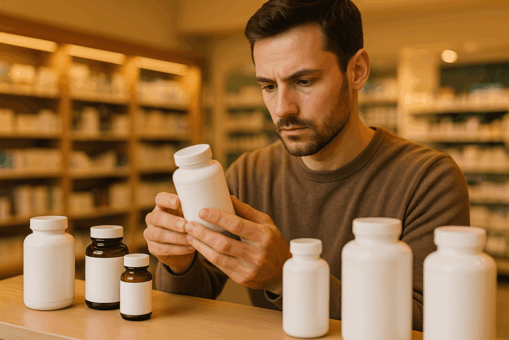 Man examining supplement bottle under warm lighting in a store aisle, representing consumer research for boost up supplement reviews
