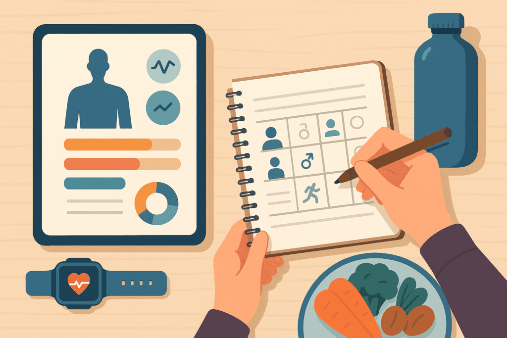 Wellness journal and health app interface showing personalized plans with smartwatch, water bottle, and healthy food, illustrating boost up supplement reviews.