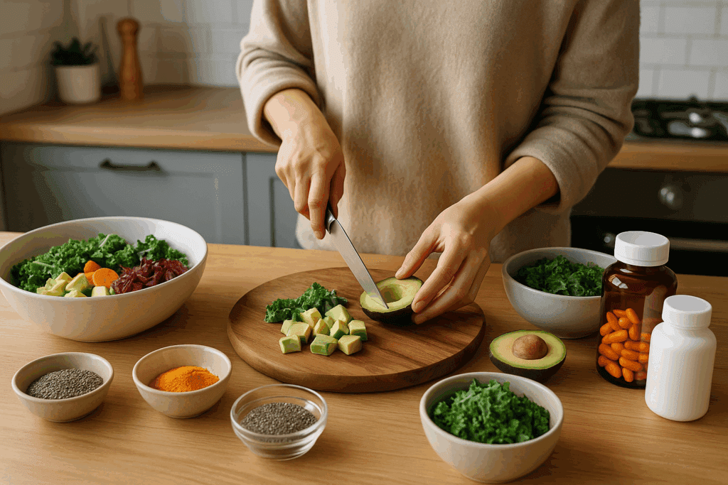 Person preparing a meal with chia seeds, kale, turmeric, and fermented vegetables beside bottles featured in boost up supplement reviews