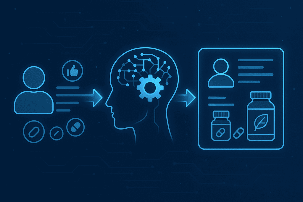 Futuristic infographic showing AI analyzing user input to generate personalized boost up supplement reviews
