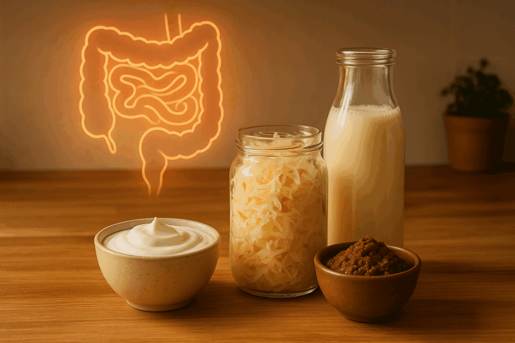 Probiotic-rich foods like yogurt, kefir, sauerkraut, and miso on a wooden counter with glowing gut illustration, symbolizing how long does a probiotic stay in your system.