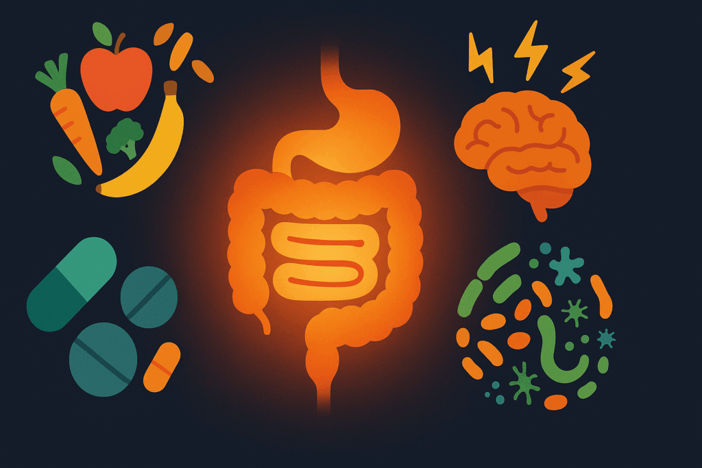 Illustration of factors affecting how long does a probiotic stay in your system, including diet, medication, stress, and gut bacteria around a glowing digestive tract