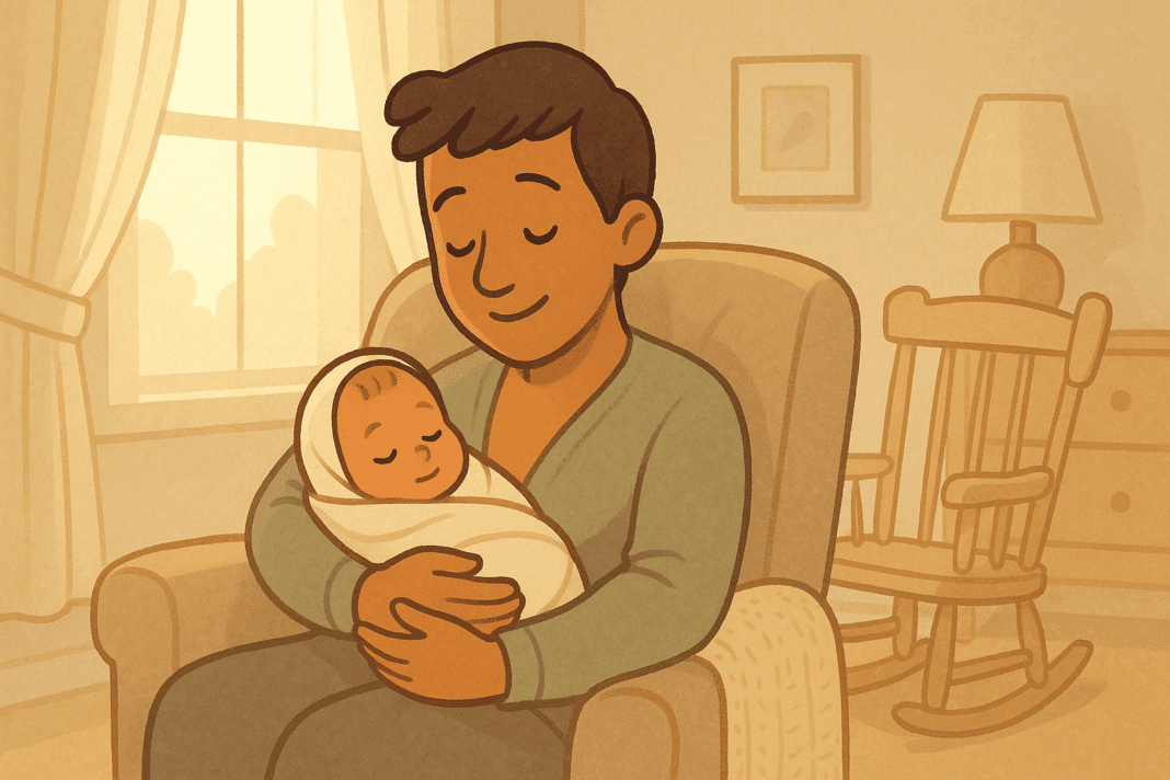 Caregiver cradling a swaddled newborn in a sunlit nursery, illustrating early bonding and the question of how long should a newborn nurse
