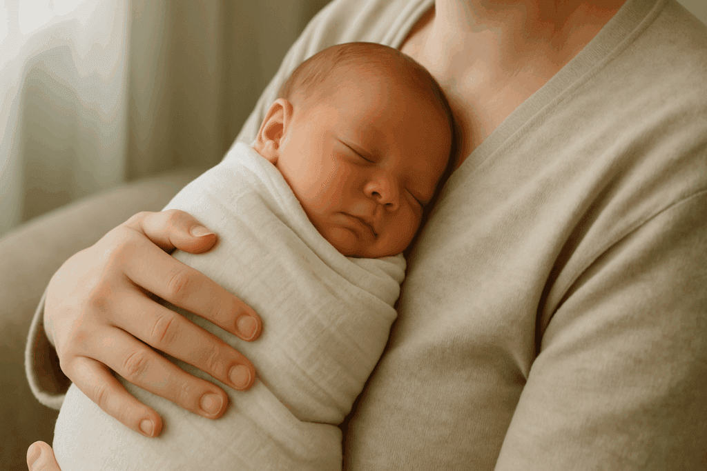 Caregiver cradling a sleeping newborn wrapped in a blanket, illustrating emotional bonding during early weeks of how long should a newborn nurse.