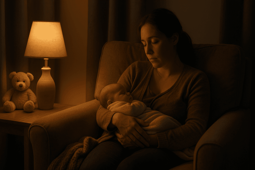 Calm parent rocking a swaddled infant at dusk in a cozy living room, symbolizing evening routines and the question of how long should a newborn nurse.