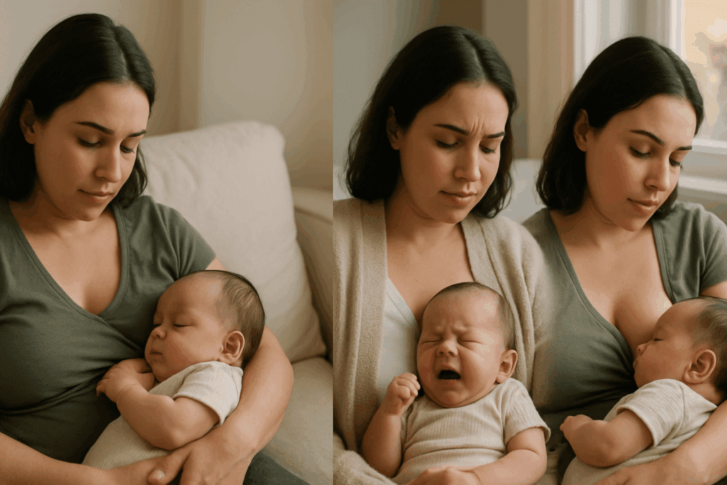 Mother cluster feeding newborn through nursing, resting, and fussing stages, showing how long should a newborn nurse patterns.