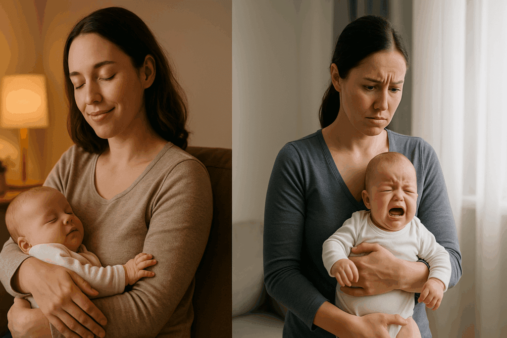 Calm caregiver holding a sleeping baby beside a concerned parent with a crying infant, reflecting emotional cues about how long should a newborn nurse