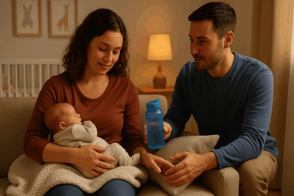 Caregivers in a peaceful nursery bonding with a newborn, supporting each other during a discussion about how long should a newborn nurse