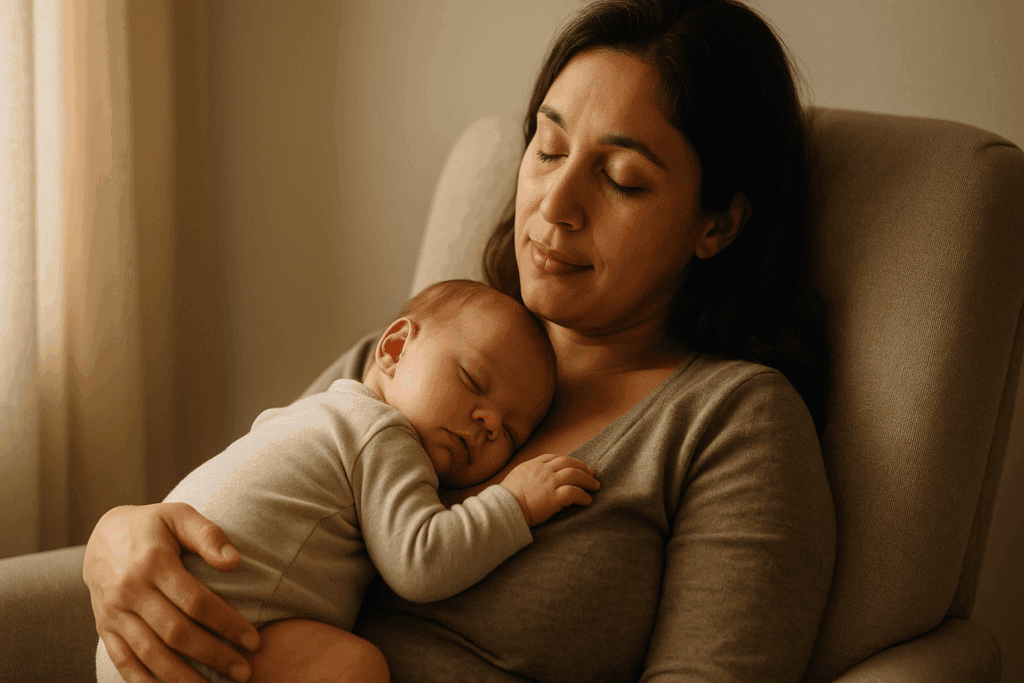 Mother holding her sleeping baby in a softly lit room after breastfeeding, reflecting peaceful bonding and the question of how long should a newborn nurse.