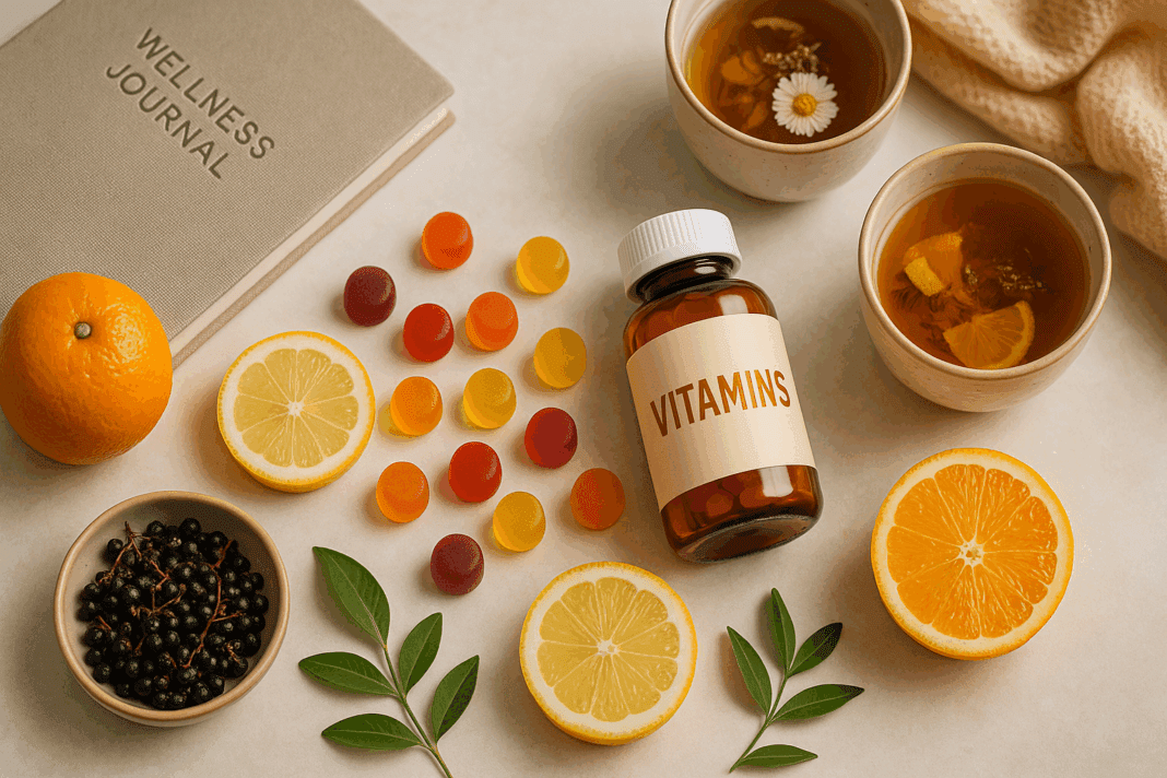 Immune support gummies in red, orange, and yellow surrounded by citrus slices, elderberries, herbal teas, and a wellness journal.