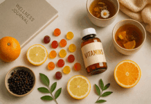 The Essential Guide to Choosing Immune Support Gummies That Actually Work Immune support gummies in red, orange, and yellow surrounded by citrus slices, elderberries, herbal teas, and a wellness journal.