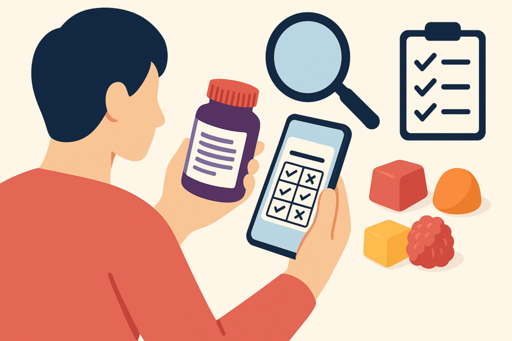 Person comparing immune support gummies by checking a supplement bottle label and a phone chart with analysis icons and colorful gummies.