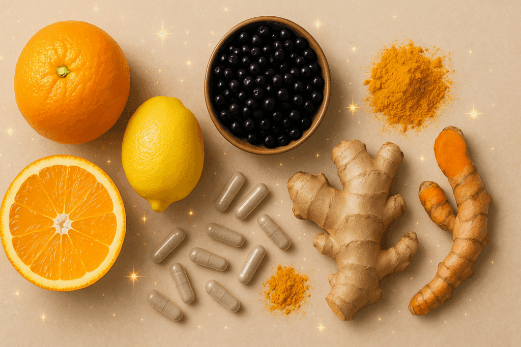 Natural immune support ingredients for gummies, including vitamin C-rich citrus fruits, elderberries, ginger root, turmeric, and zinc capsules, arranged on a neutral background with a glowing effect to highlight their health benefits.