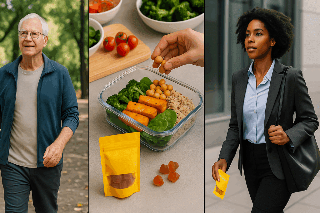Immune support gummies shown in a split-scene image: an older man walking outdoors, a vegan meal prep scene with chickpeas, and a busy professional commuting with a vitamin gummy pack in hand.