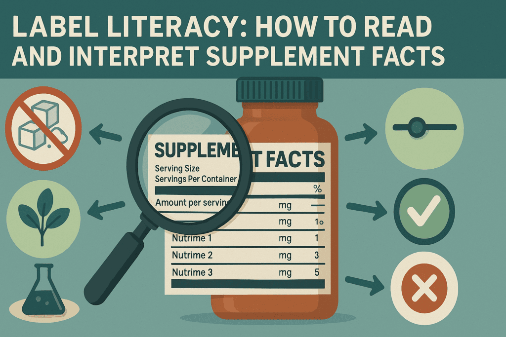 Infographic illustrating how to read supplement labels, highlighting key elements such as ingredient transparency, dosage, and sugar content, with emphasis on quality labels for healthy choices. A visual guide for understanding supplement facts and making informed decisions about immune support gummies.