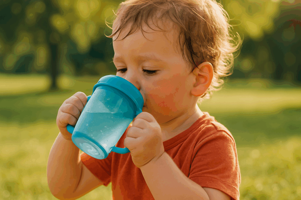 Young child with flushed cheeks drinking from a blue training cup outdoors, highlighting hydration with kiddie cups during active play.