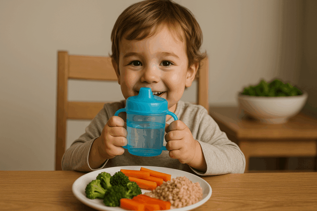 Smiling toddler holding a blue kiddie cup filled with water at a dinner table with broccoli, carrots, and brown rice.