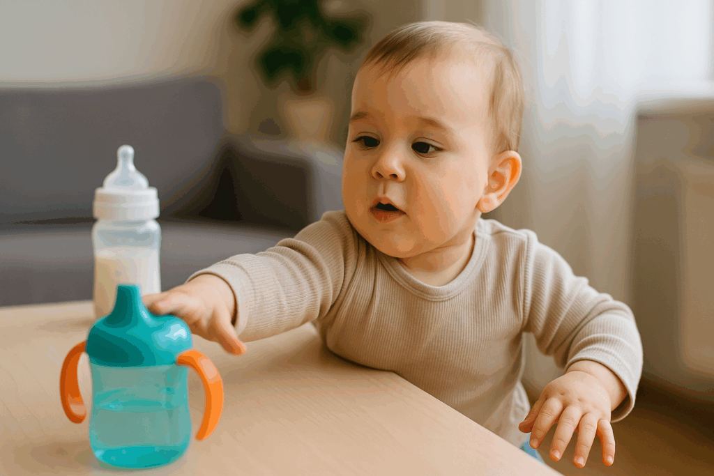 Toddler reaching for a kiddie cup on a table with a baby bottle in the background, showing transition from bottle to kiddie cups.