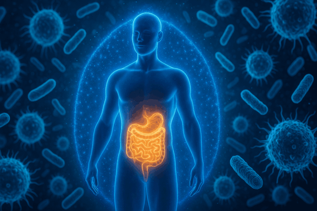 Glowing human figure surrounded by blue shield-like aura with highlighted gut microbiome, symbolizing the role of probiotics for immunity