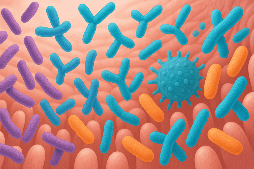 Color-coded Lactobacillus and Bifidobacterium strains interacting with gut lining and immune cells, illustrating probiotics for immunity
