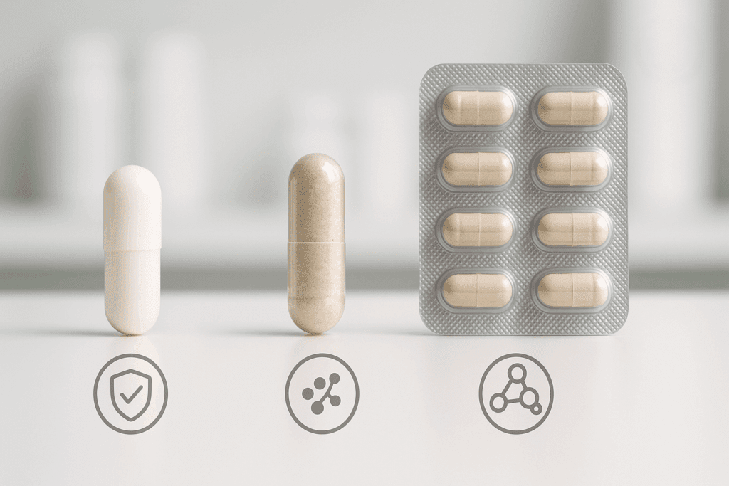 Visual comparison of three probiotics for immunity capsules showing differences in coating, CFU count, and strain variety on a clean pharmacy counter.