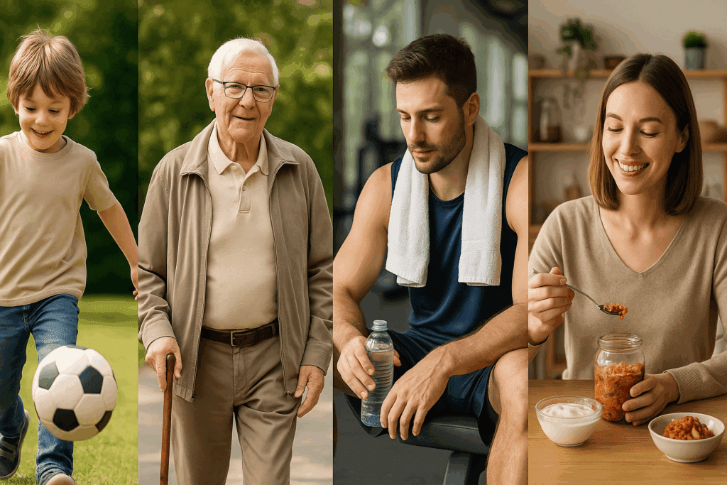 Child playing soccer, senior walking in a park, athlete hydrating post-workout, and woman eating fermented food—everyday benefits of probiotics for immunity.