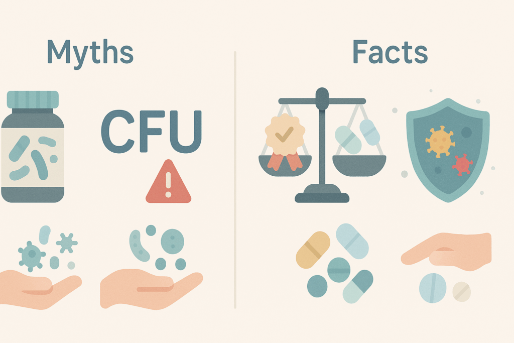 "Infographic contrasting common myths and facts about probiotics for immunity, with icons representing CFU count, probiotic quality, and immune system benefits.