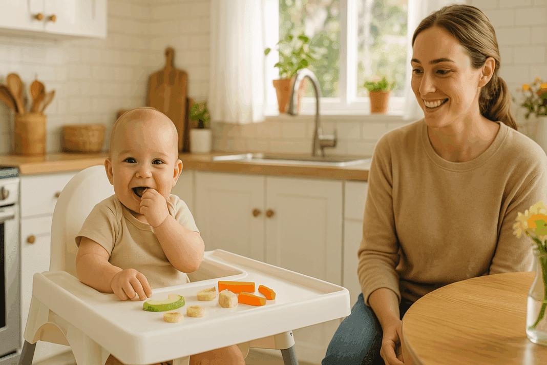 Smiling baby self-feeding avocado, banana, and carrots in a sunlit kitchen as a caregiver watches, illustrating a real-life scene from a baby led weaning book.