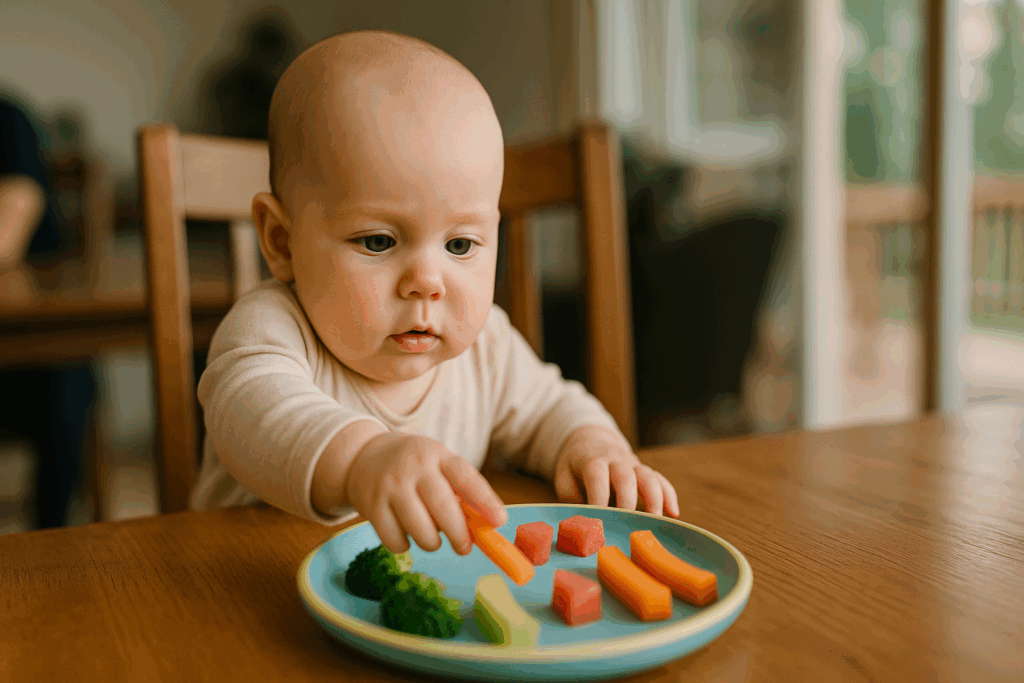 Curious baby exploring bite-sized fruits and vegetables from a colorful plate during a baby led weaning book mealtime routine.