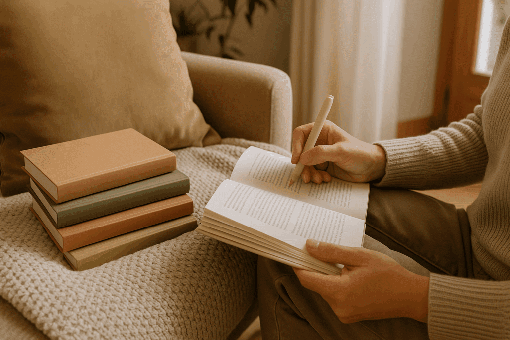 Parent highlighting a baby led weaning book in a cozy reading nook beside a stack of colorful titles on a soft blanket