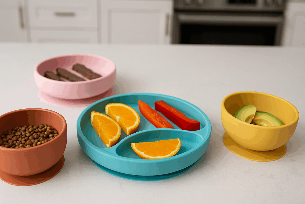 Colorful baby plates on a kitchen counter with iron-rich lentils and beef, vitamin C fruits, and healthy fats, inspired by a baby led weaning book.