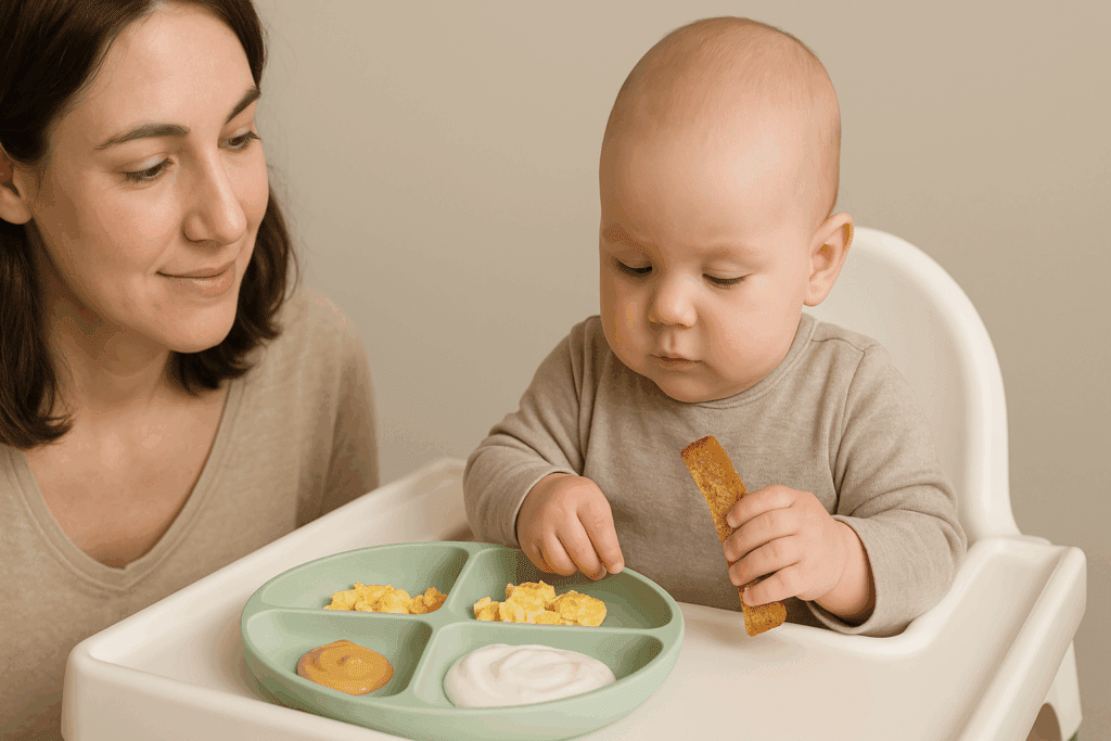 Baby explores peanut butter, yogurt, scrambled eggs, and wheat toast on a divided plate while a calm caregiver observes, illustrating a scene from a baby led weaning book.