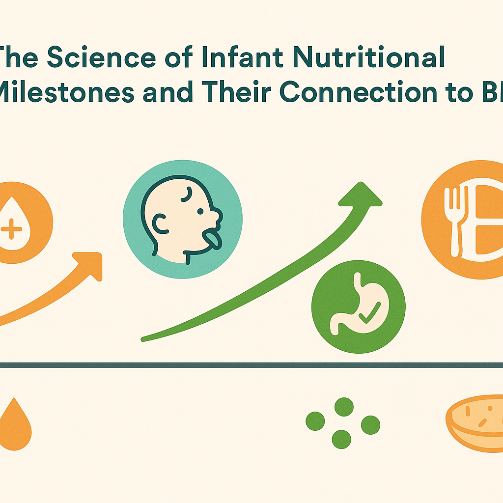 Visual timeline of infant nutrition milestones from 6 to 12 months with icons showing iron needs, digestive readiness, and food textures—ideal for illustrating a baby led weaning book