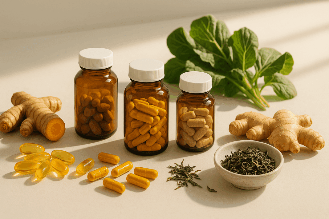 Flat lay of natural ingredients and bottles for an all in one anti inflammatory supplement, including turmeric, omega-3 capsules, green tea leaves, ginger, and leafy greens.